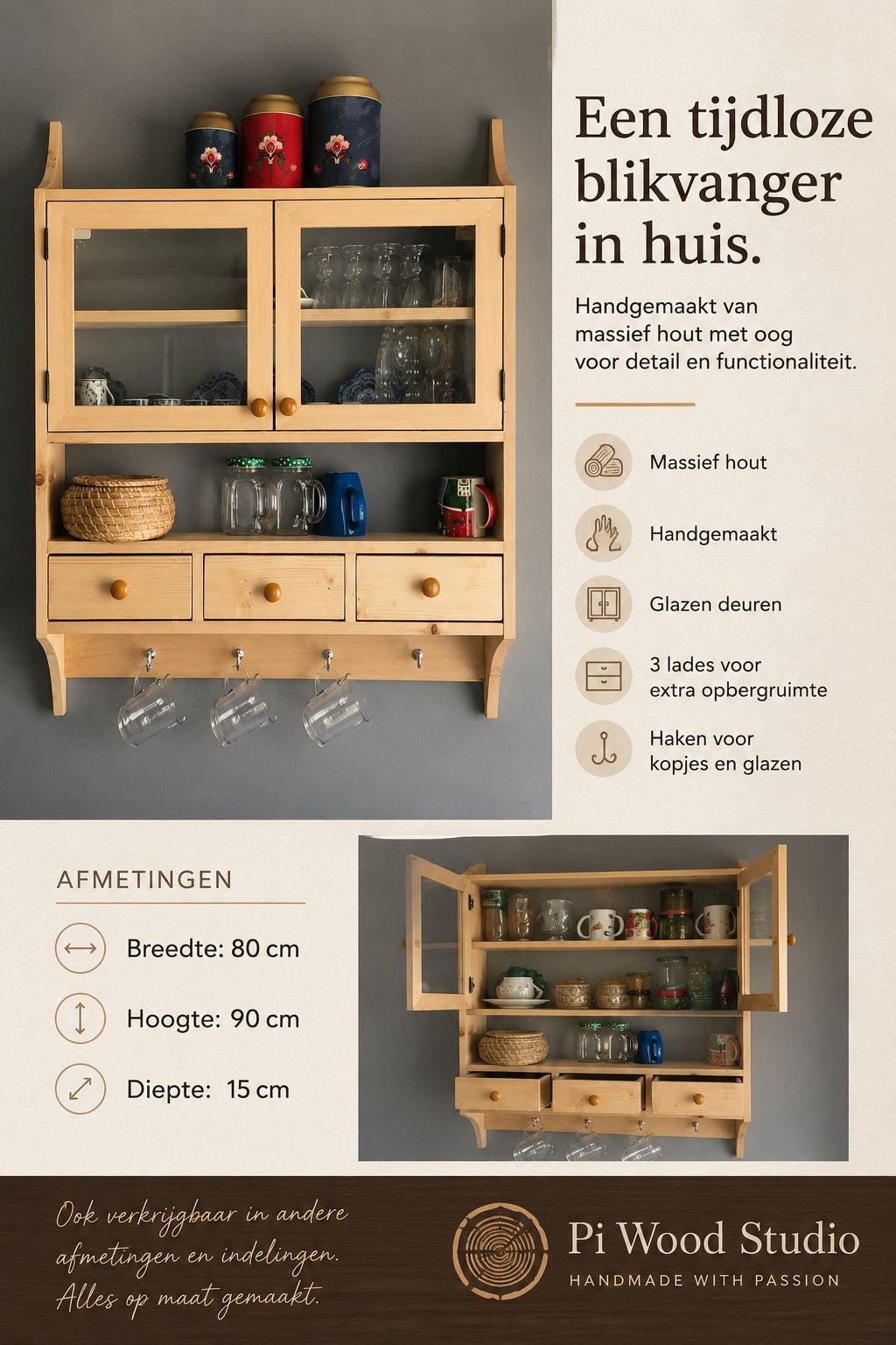 Handgemaakt houten wandrek / keukenkast op maat, Huis en Inrichting, Kasten | Overige, Ophalen, Nieuw