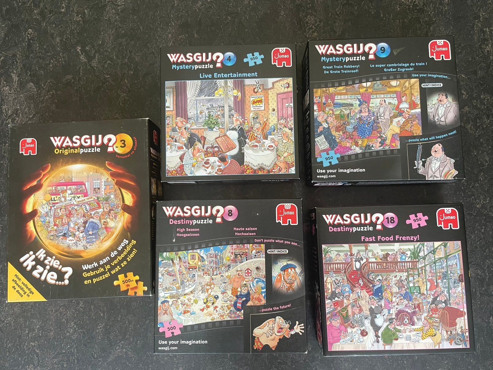 5 puzzels van Wasgij, Ophalen of Verzenden, 500 t/m 1500 stukjes, Zo goed als nieuw