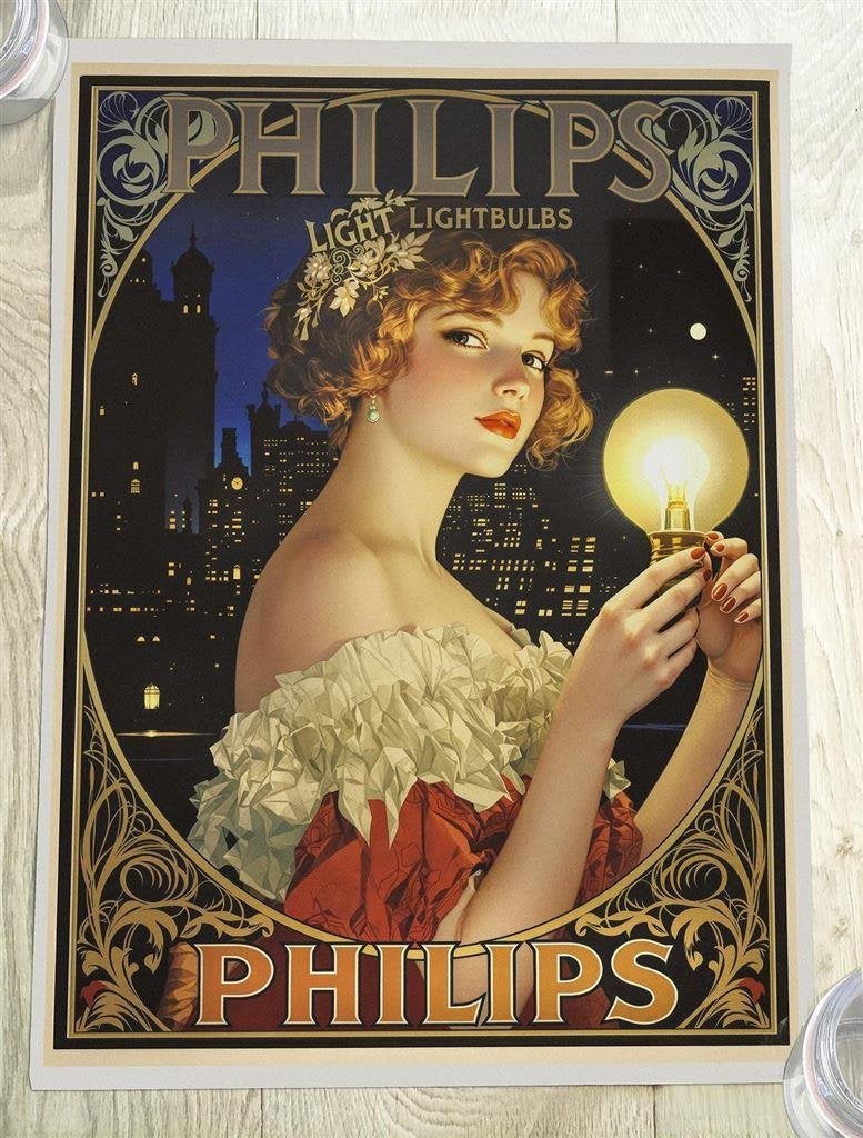 PHILIPS Lightbulbs Art Nouveau Mucha stijl Reclame poster, Verzamelen, Verzenden, Nieuw, Overige typen