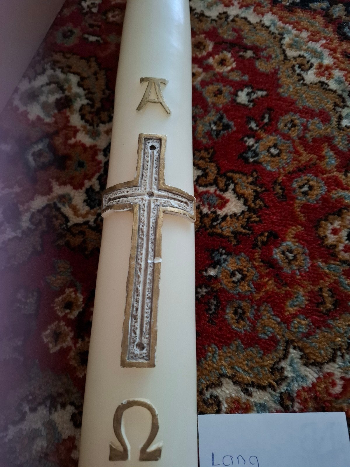 Grote kerkkaars met religieuze symbolen - 70 cm, Ophalen of Verzenden, Gebruikt, Wit, Overige materialen