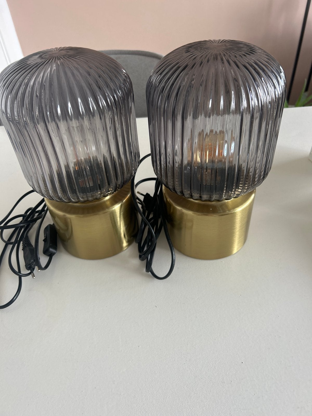 Solklint -Set van 2 moderne tafellampen met geribbeld glas, Ophalen, Met schakelaar, Goud, E14 (klein)