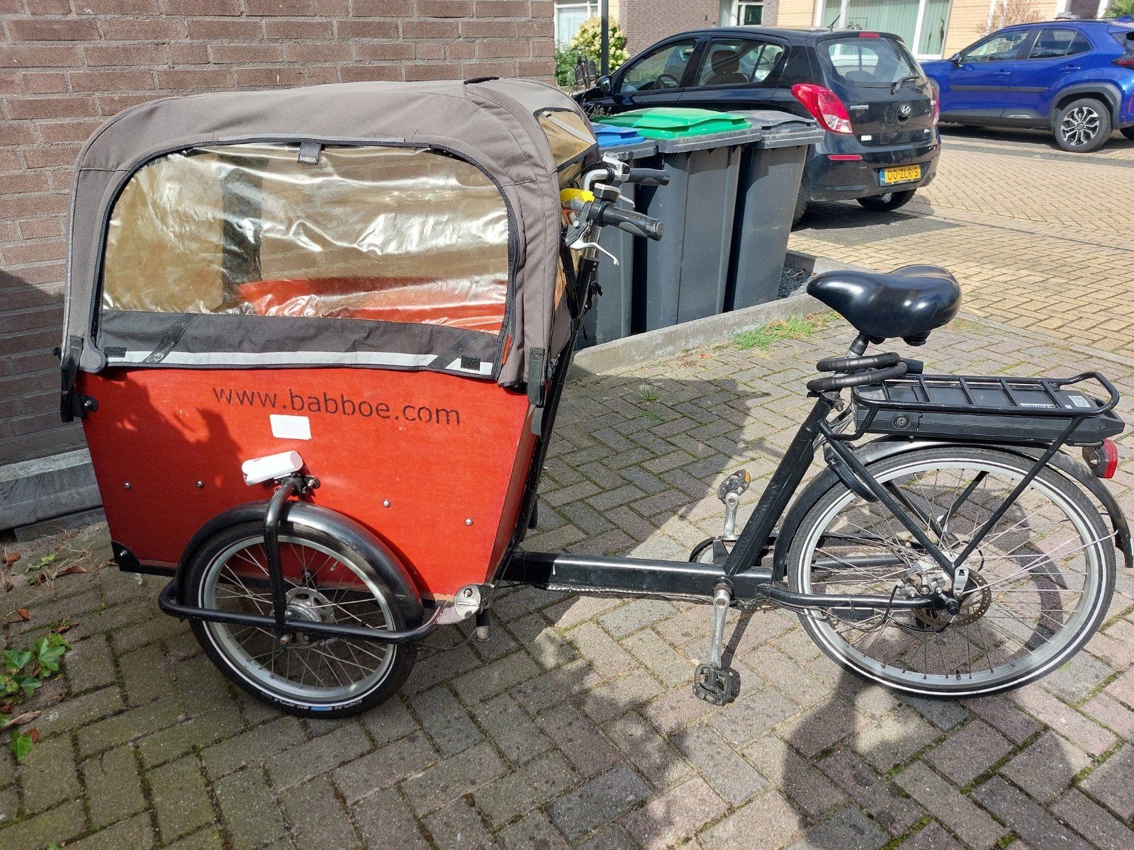 Babboe bakfiets met elektrische ondersteuning en huif, 4 kinderen of meer, Gebruikt, Huif, Ophalen