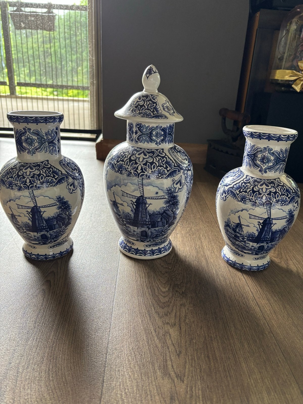 Set van 3 Delfts blauwe vazen met molen decoratie, Ophalen of Verzenden