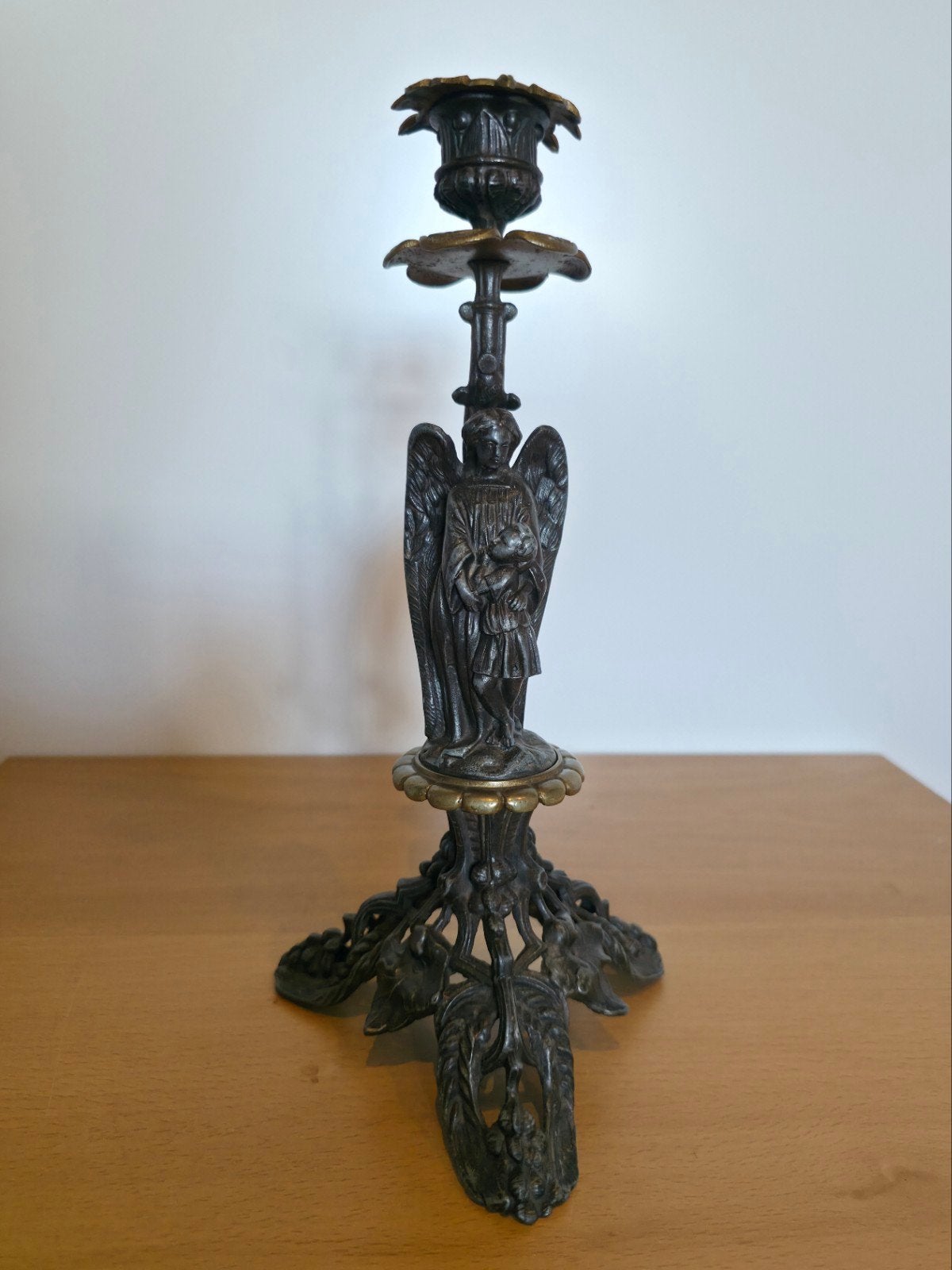Antieke Bronzen/Messing Engel Kandelaar - Schutzengel, Ophalen of Verzenden, Koper of Brons