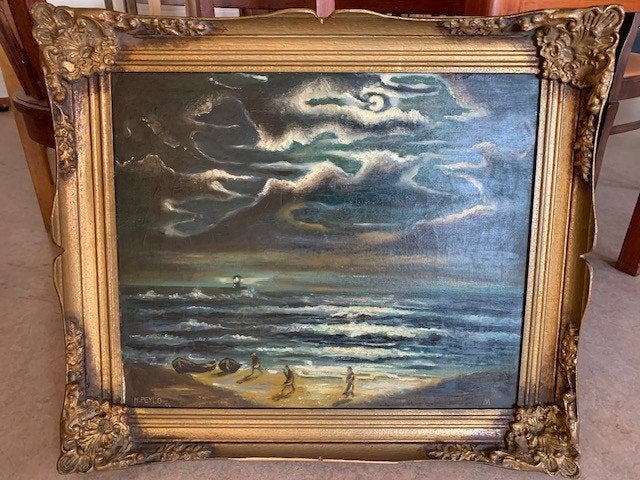 H Peylo - zee en wolken Olieverf op Canvas in lijst, Ophalen of Verzenden