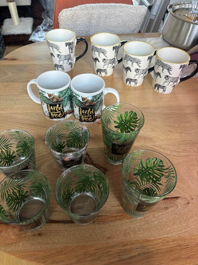 Mokken en glazen met jungle/dierenprint, Ophalen, Gebruikt, Keramiek, Overige stijlen