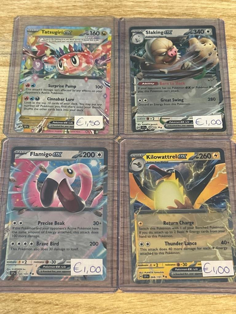 Pokémon kaarten: Tatsugiri, Slaking, Flamigo, Kilowattrel EX, Ophalen of Verzenden, Gebruikt, Meerdere kaarten