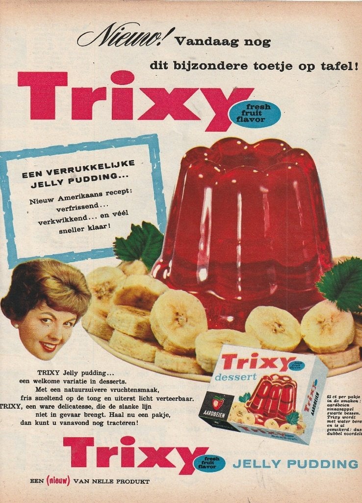 retro reclame 1958 Van Nelle Trixy jelly rode pudding, Verzenden, Overige typen