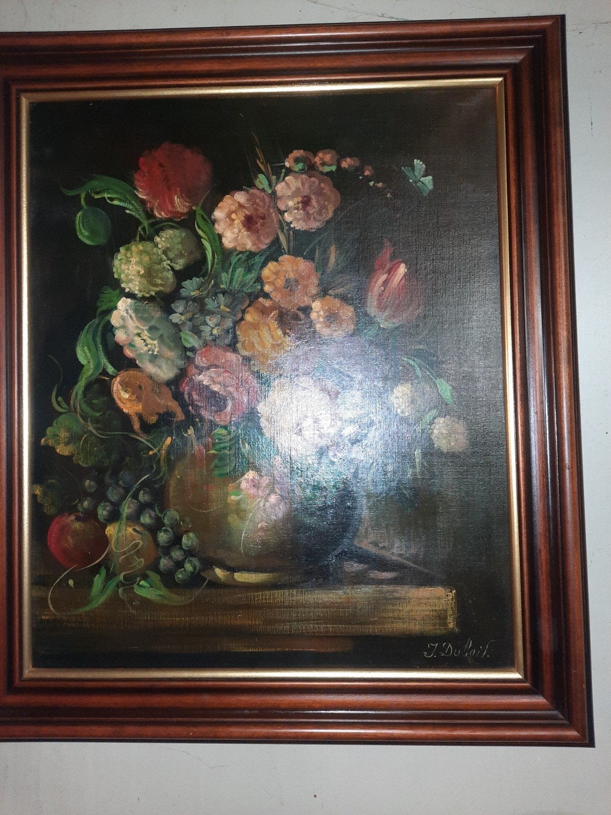 Schilderij bloemstilleven, gesigneerd J. Dubois, Doek, Realistisch, Stilleven, Ophalen of Verzenden