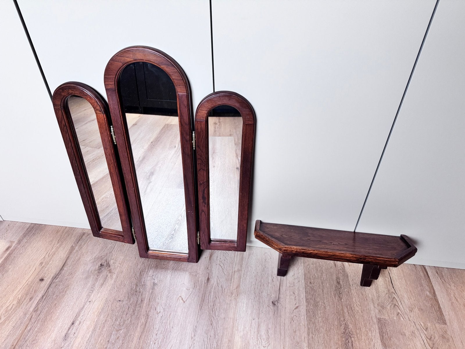 Spiegel drieluik met plankje, Ophalen of Verzenden, Overige vormen, 50 tot 100 cm, Minder dan 100 cm