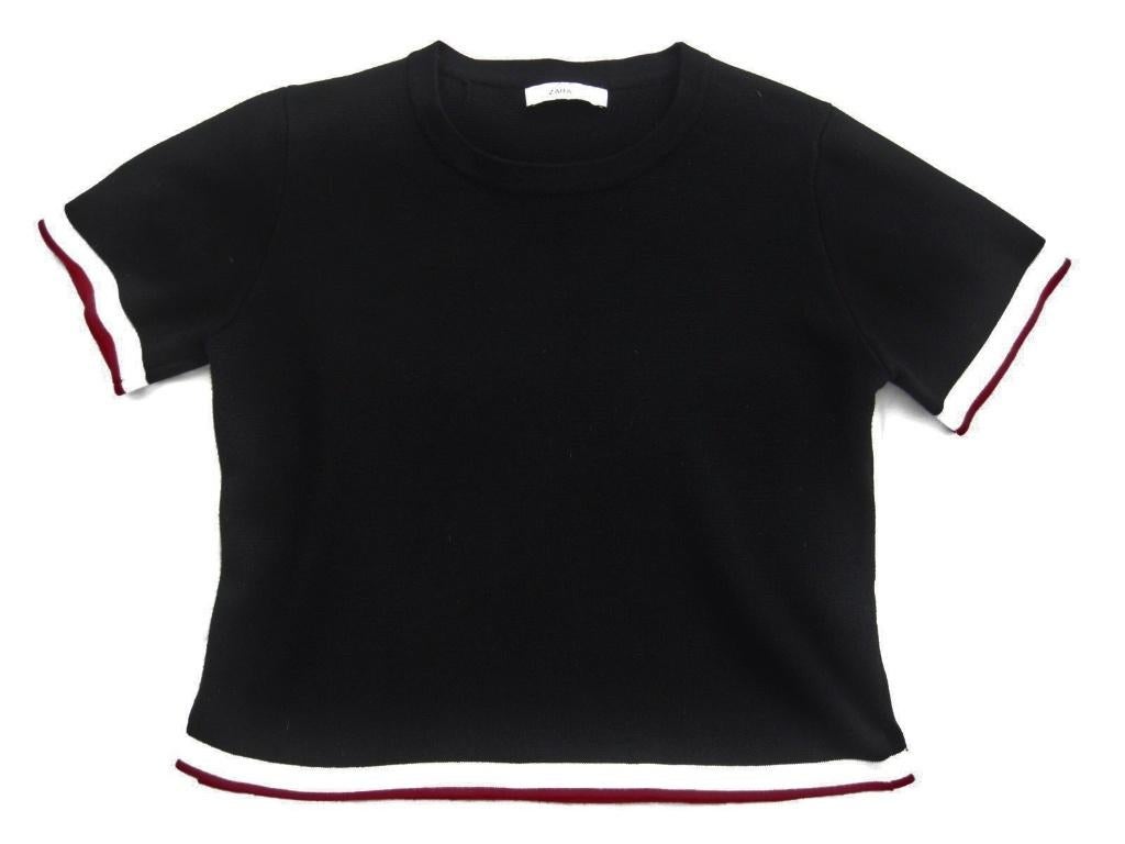 Zara knit top, zwart met wit en rood randje, mt 40 L, Maat 38/40 (M), Ophalen of Verzenden, Zo goed als nieuw, Korte mouw