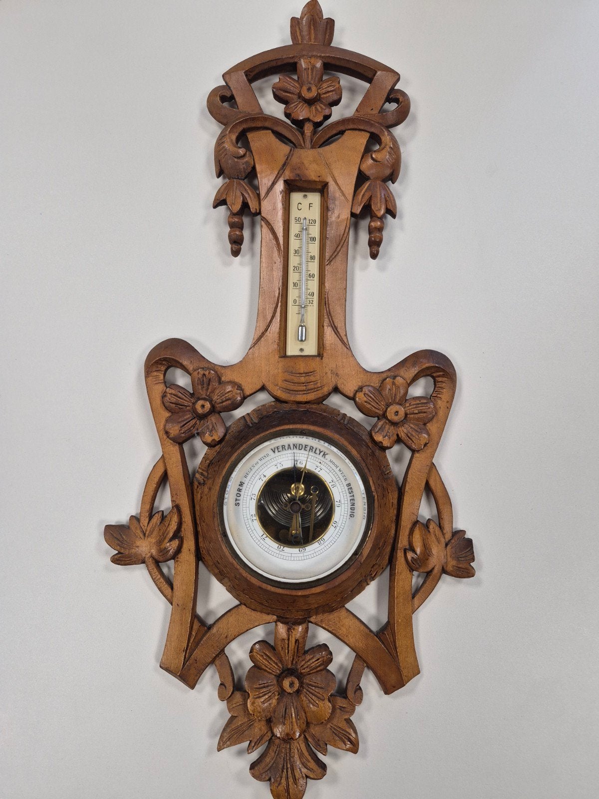 Antieke houten barometer met thermometer - Weerstation, Ophalen of Verzenden, Gebruikt, Weerstation