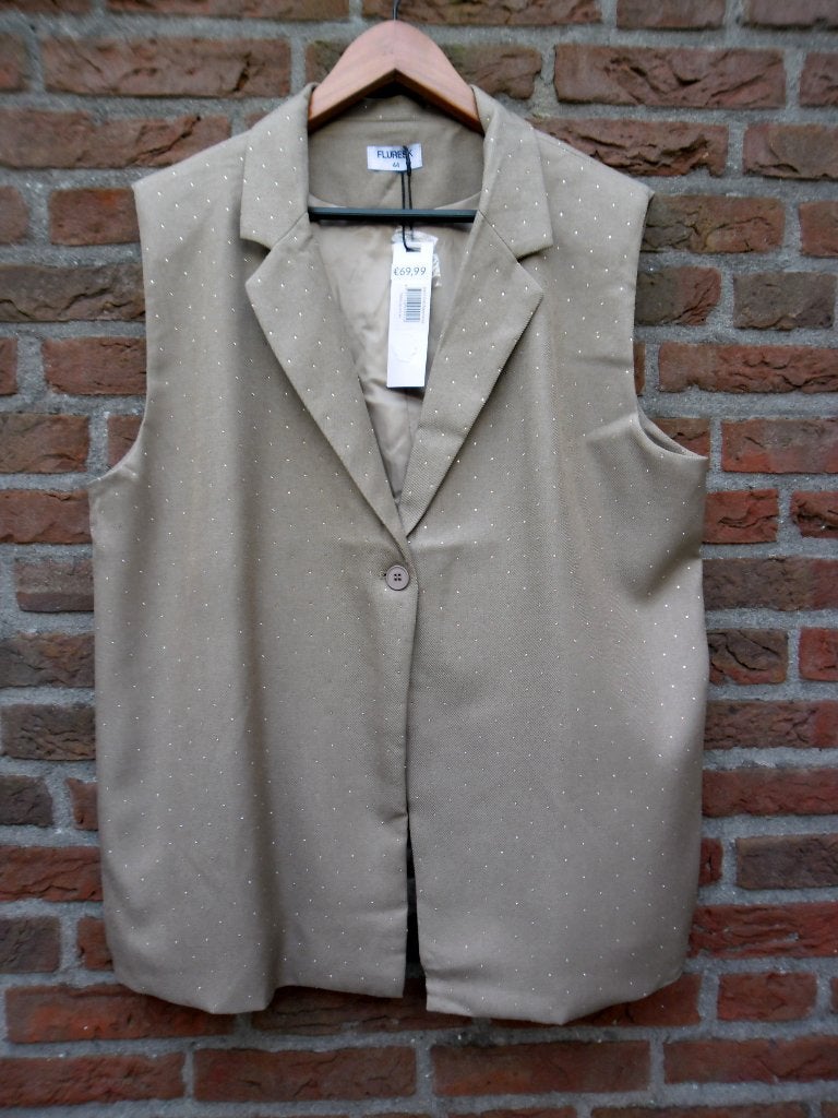 Fluresk nieuwe zandkleur gilet met stras steentjes maat 44, Beige, Maat 42/44 (L), Nieuw, Ophalen of Verzenden