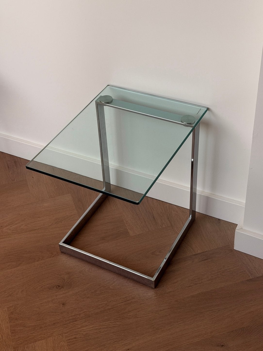 Chromen Glazen Bijzettafel GEBRA - Vintage Mid Century, Minder dan 55 cm, Metaal of Aluminium, Rond, Zo goed als nieuw
