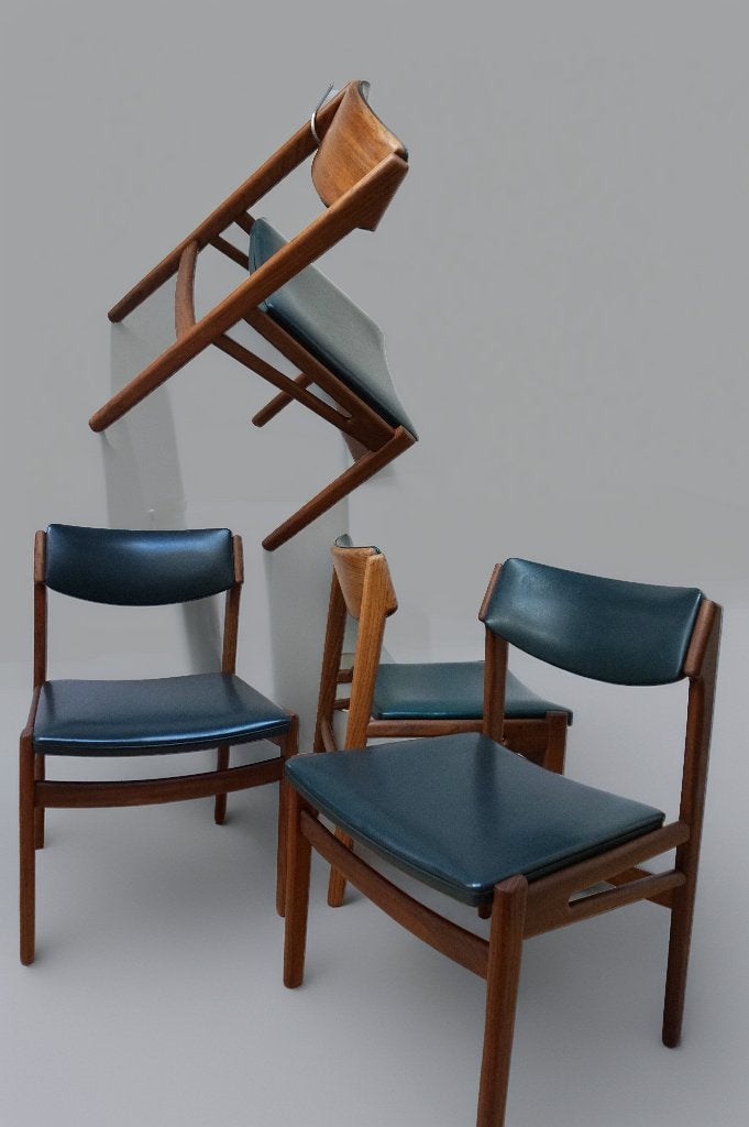4 vintage Deense stoelen/ eetkamerstoelen, teak & groen skai, Ophalen, Gebruikt, Overige kleuren, Vintage Scandinavisch