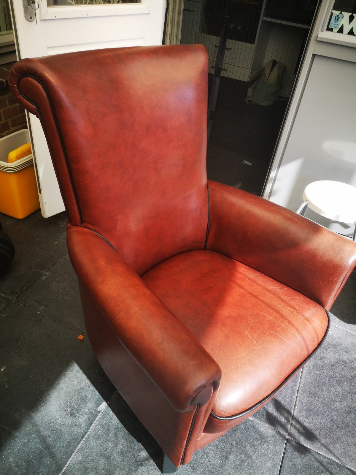 Leren fauteuil, cognac  bruin kleurig, Ophalen, Gebruikt, Klassiek, Tijdloos, 75 tot 100 cm