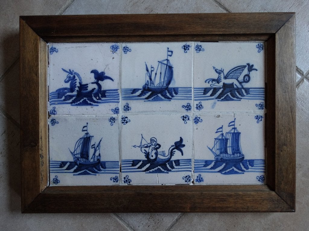 Tableau met 6 tegels eind 17e eeuw, Antiek en Kunst, Antiek | Wandborden en Tegels, Ophalen of Verzenden