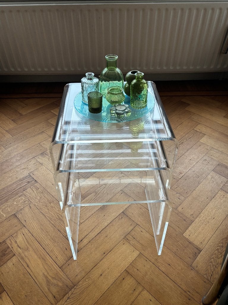 Vintage set van 3 persplex bijzet tafels jaren 70, Ophalen, Minder dan 45 cm, Vierkant, Zo goed als nieuw