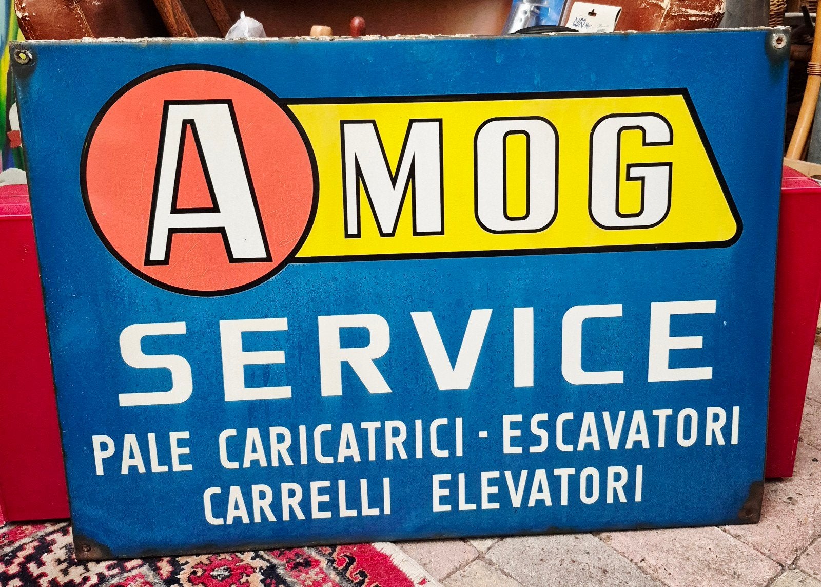 Industrieel, emaille reclamebord uit Italië, AMOG Service, Ophalen, Gebruikt, Reclamebord
