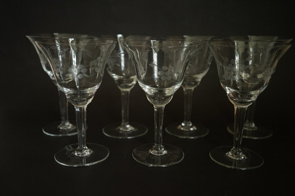 vintage antiek 6x wijnglas geslepen bloem en blad glas., Ophalen of Verzenden
