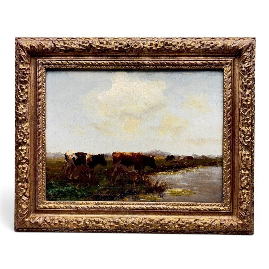 Fedor van Kregten (1871-1937) - koeien in polderlandschap, Antiek en Kunst, Doek, Ophalen of Verzenden, Landschap, Olieverf