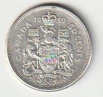 50  cent  1959  Canada. km. 56, Ophalen of Verzenden, Noord-Amerika, Losse munt, Zilver
