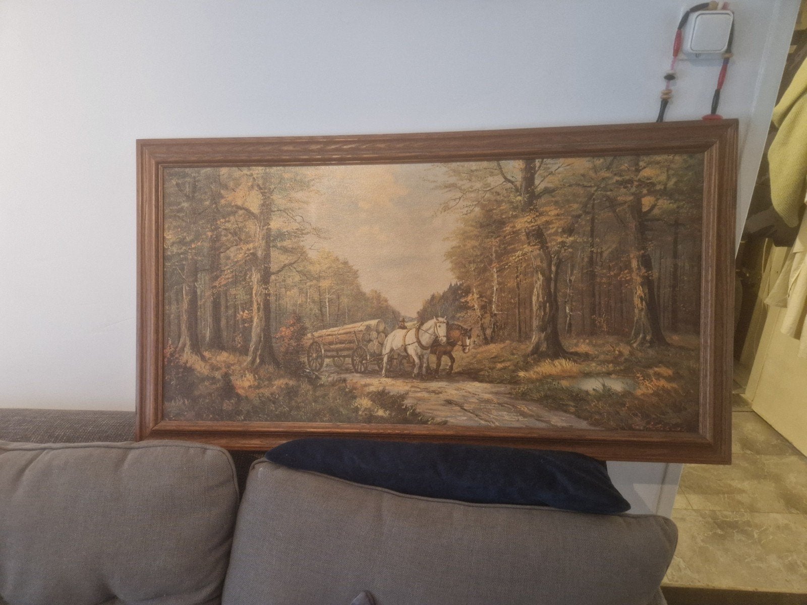 Groot Schilderij: Herfstbos met Paarden en Kar, Ophalen of Verzenden