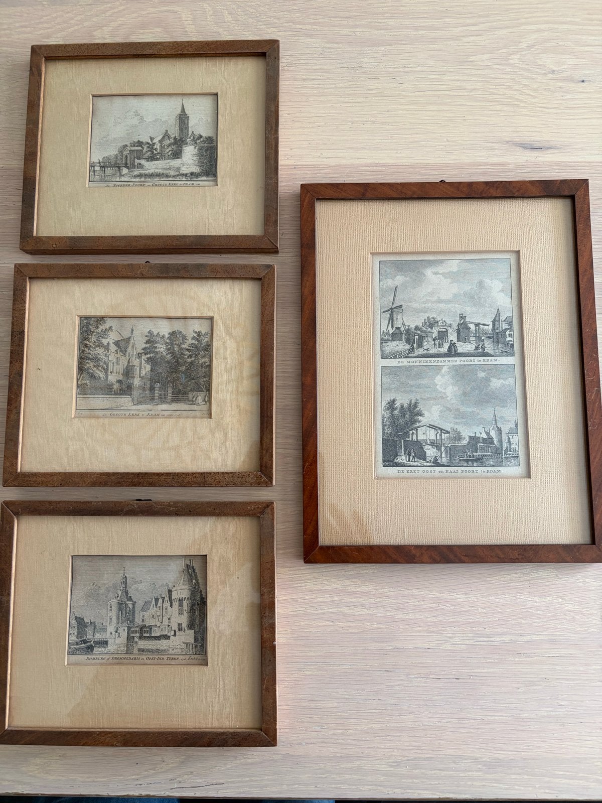 4 ingelijste oude prenten van Edam en Enkhuizen, Ingelijst, 1800 - 1899, Stadsgezicht, Ophalen of Verzenden