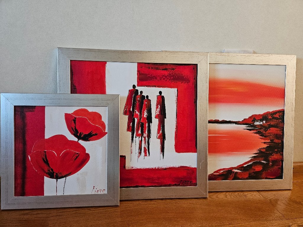 Drie schilderijen van Fiore in rood, Antiek en Kunst, Ophalen, Handgeschilderd, Overige materialen, Figuren
