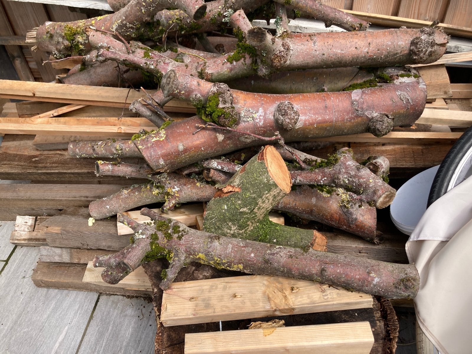 Ruim 2 m3 brandhout: eiken planken en takken, Tuin en Terras, Haardhout, Minder dan 3 m³, Ophalen, Eikenhout, Blokken