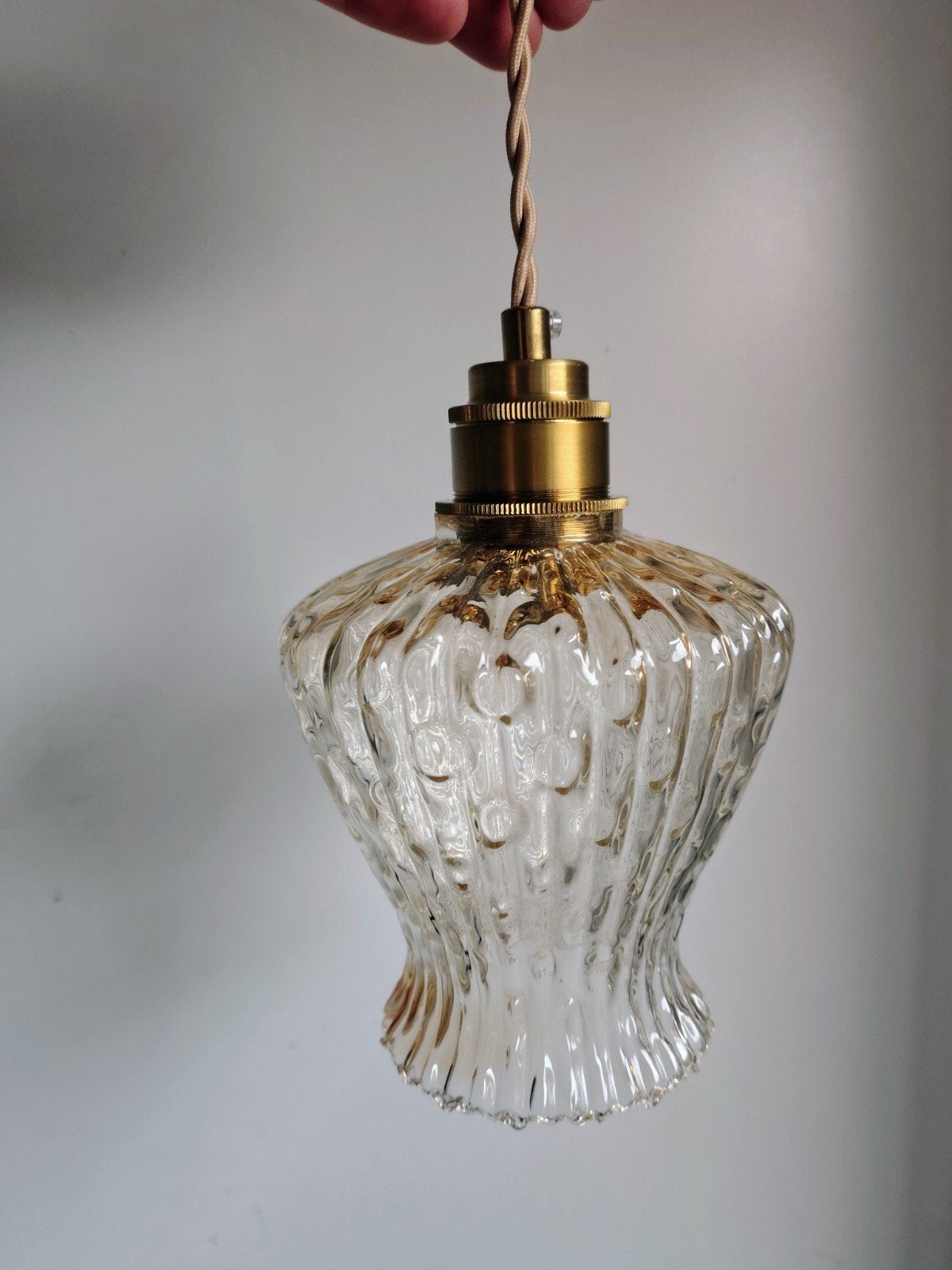 Vintage Glazen Tulp Hanglamp met Messing en Nieuw Snoer, Ophalen of Verzenden
