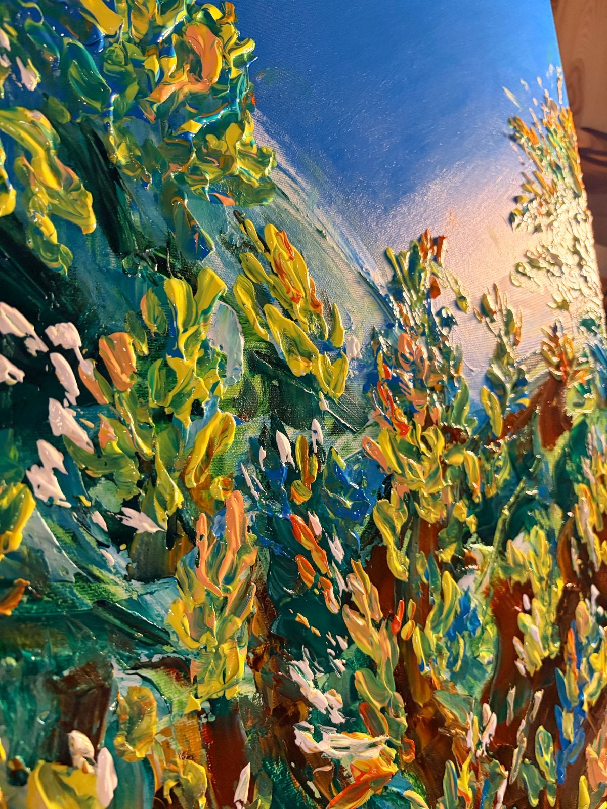 Levendig Landschap Schilderij - Impasto Techniek, Met textuur, Olieverf, Textiel, Landschap