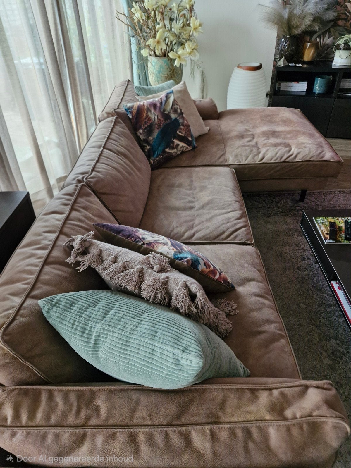 Comfortabele hoekbank met chaise longue - Bruin, Ophalen, Modern, Comfortabel, 250 tot 300 cm, Gebruikt