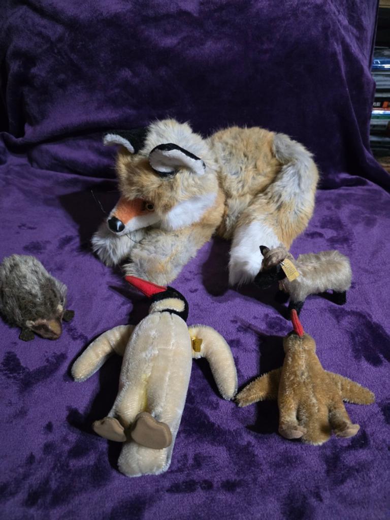 5 Steiff Knuffels: Vos, 2 Pinguïns, Geit, Egel - Vintage, Oranje, Gebruikt, Overige merken, Overige karakters