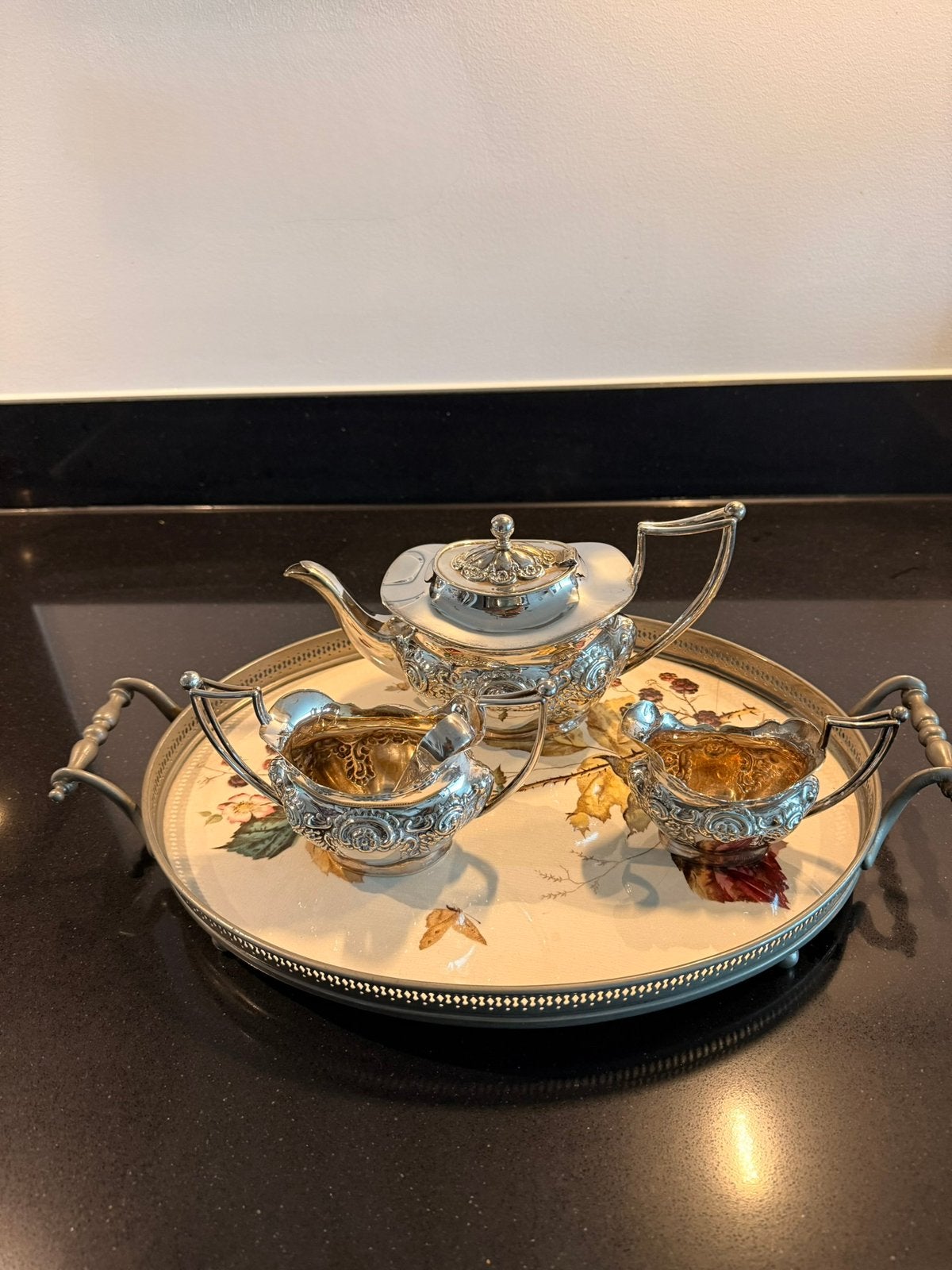 Antiek Engels EPNS theeservies met vintage Rubus dienblad, Ophalen