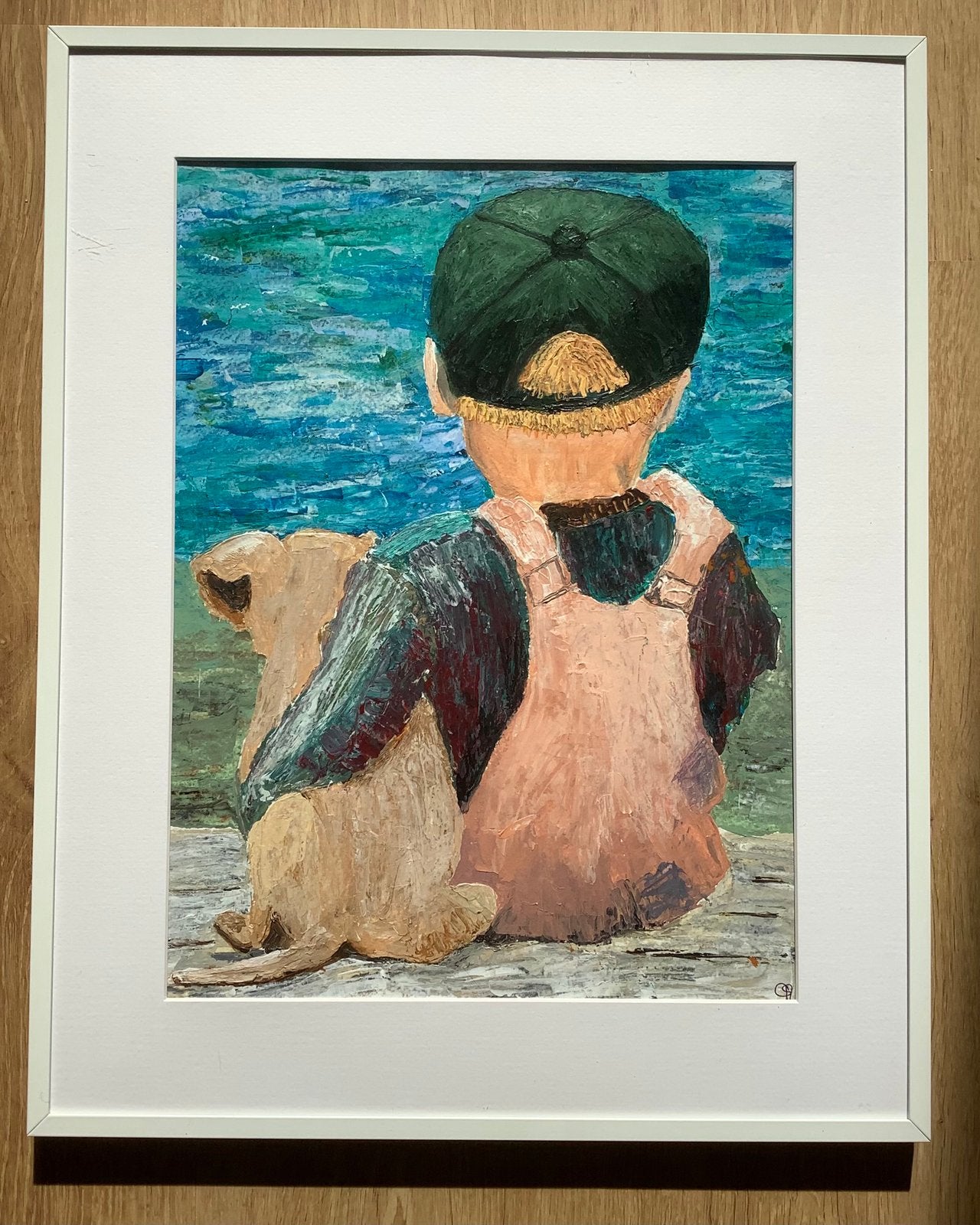 Schilderij in acryl, kind met hond, Ophalen