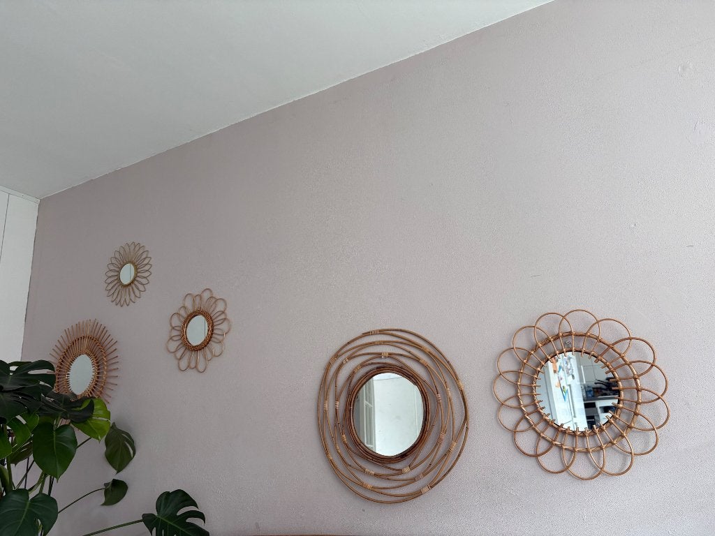 Rotan spiegels, Huis en Inrichting, Woonaccessoires | Spiegels, Ophalen, Minder dan 50 cm, Rond, Zo goed als nieuw