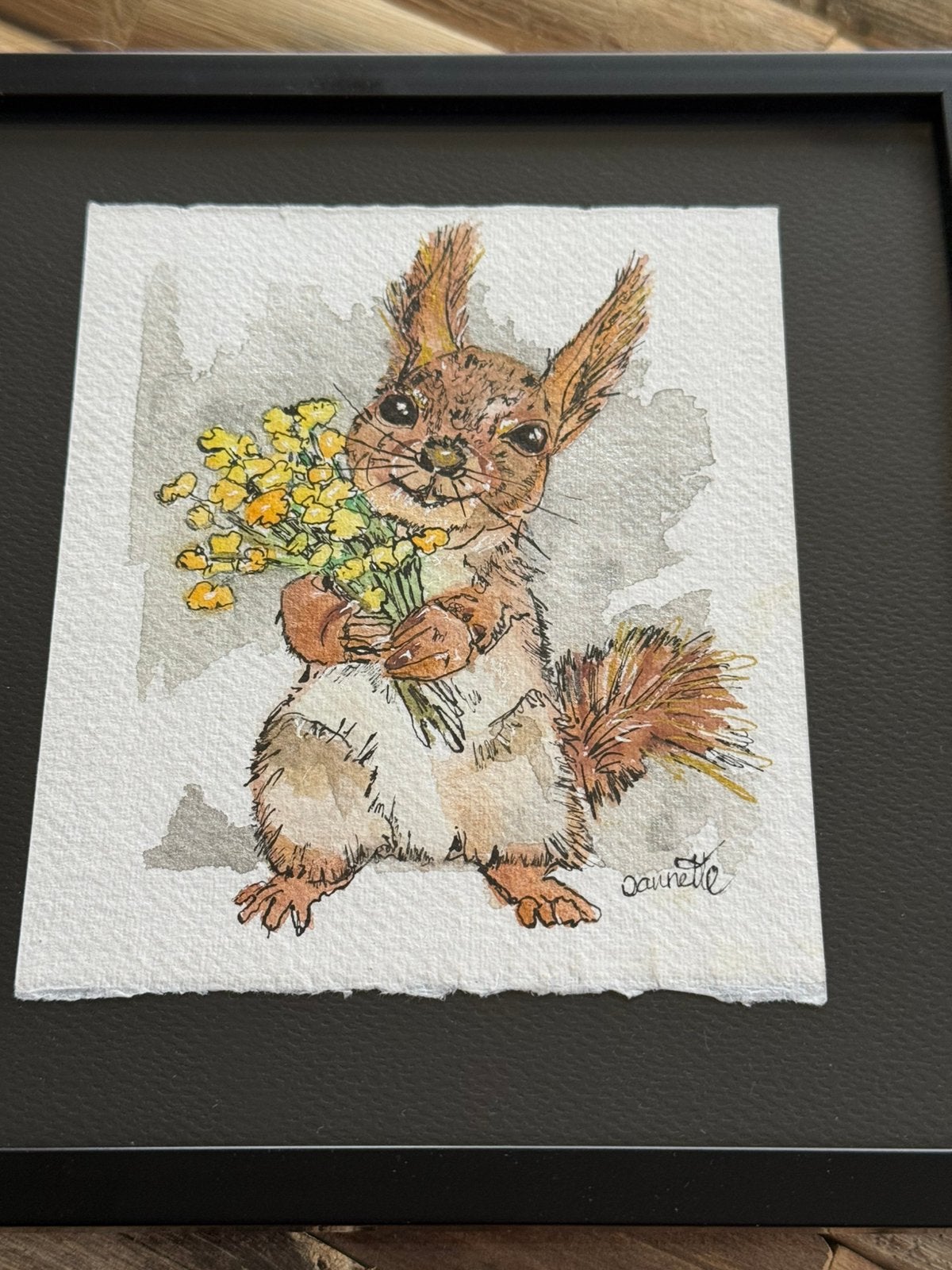 Eekhoorn Aquarel in lijst, Verzenden, Zo goed als nieuw, Minder dan 50 cm, Schilderij