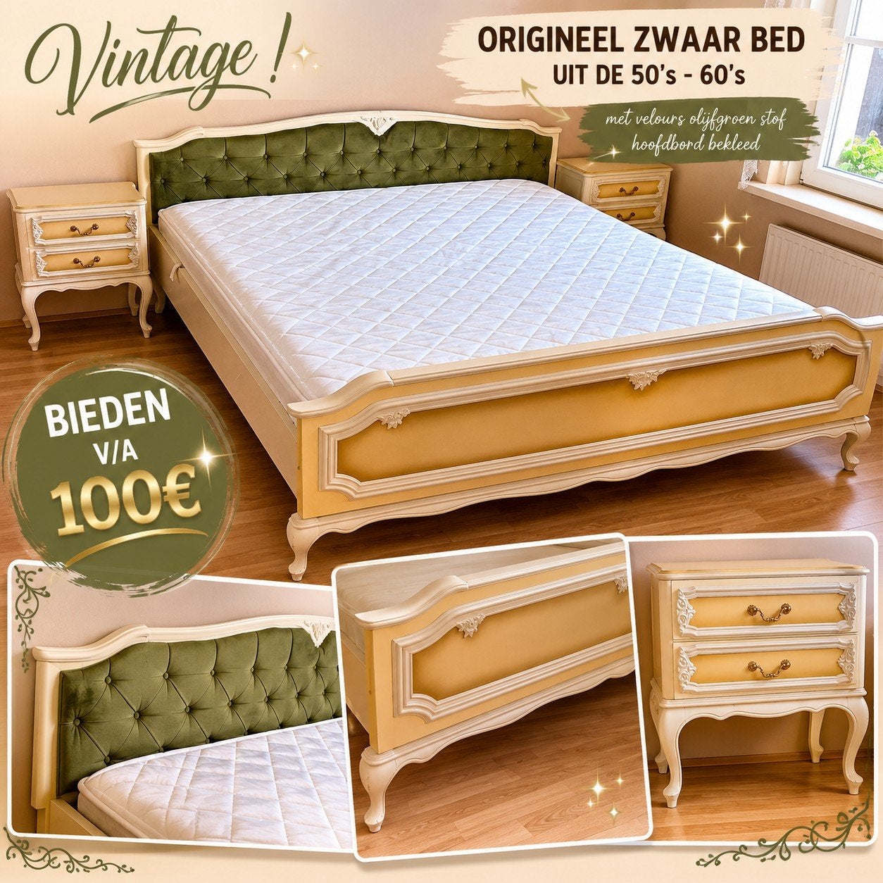 Originele uit 50's- 60's n bed & nachtkastjes,  originele,, Antiek en Kunst, Ophalen