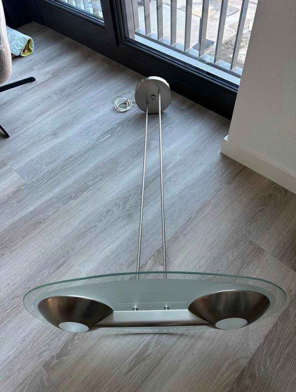 Rvs/glas plafondlamp halogeen met dimmer, Ophalen, Gebruikt, Glas, Tijdloos