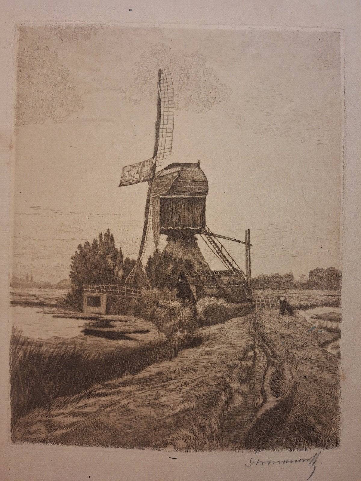 Gesigneerde ets van molen, onduidelijk, Ophalen of Verzenden, Landschap, Ets, Gesigneerd