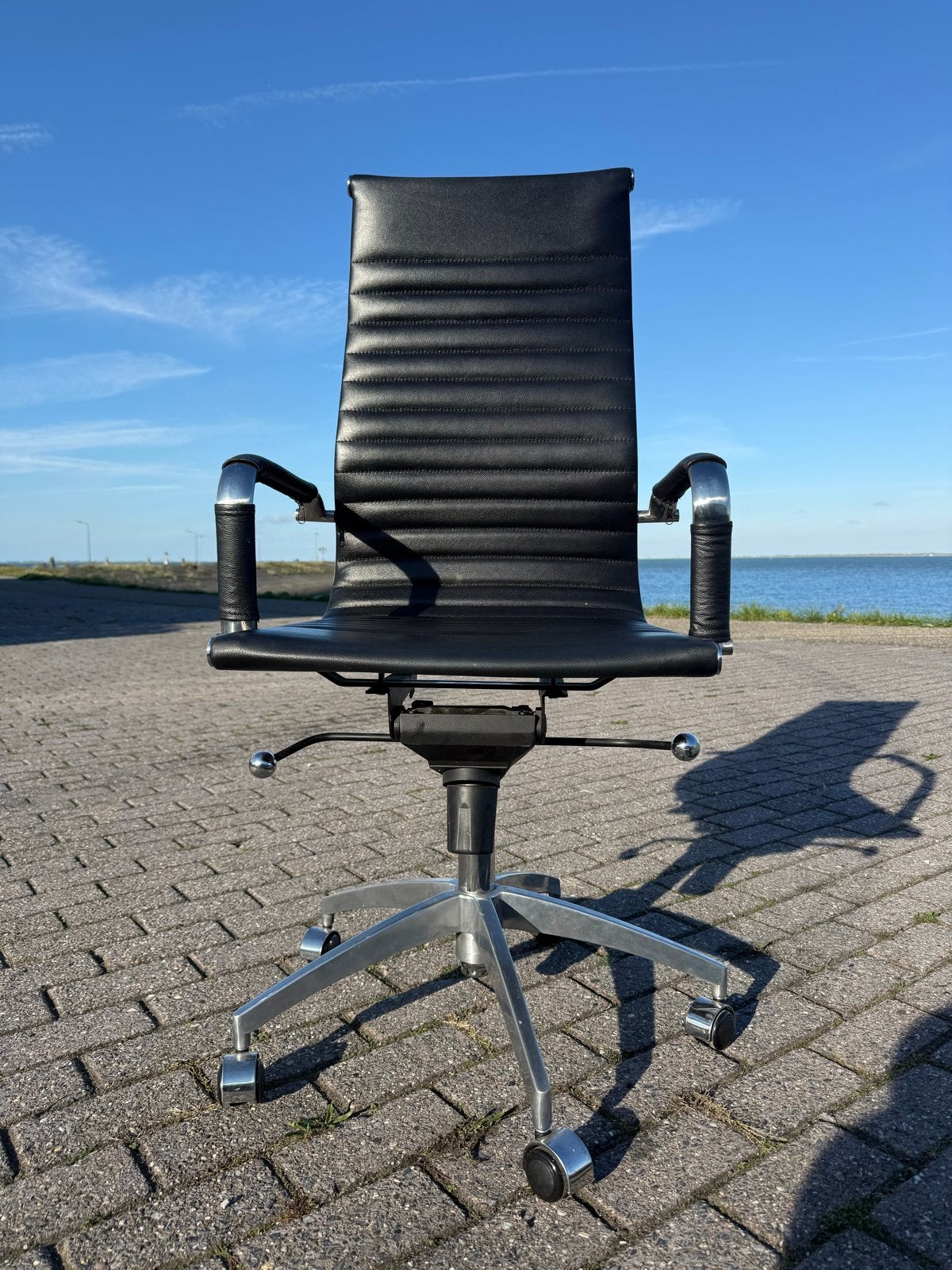 Leren EA 119 lookalikes met Aluminium Basis - Nieuwe Veren, Huis en Inrichting, Ophalen, Gebruikt, Zwart, Bureaustoel