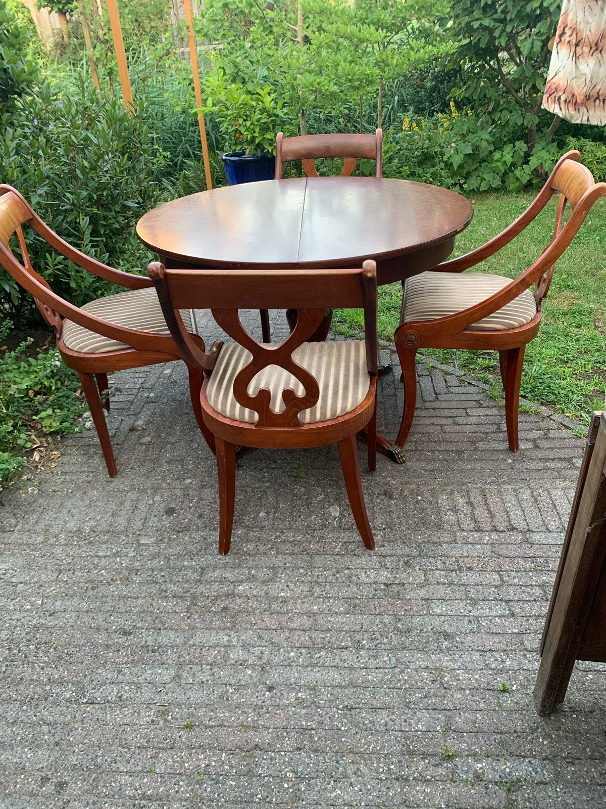 Vintage eettafel met 4 stoelen, nieuw stofje en verfje, Antiek en Kunst, Antiek | Meubels | Tafels, Ophalen