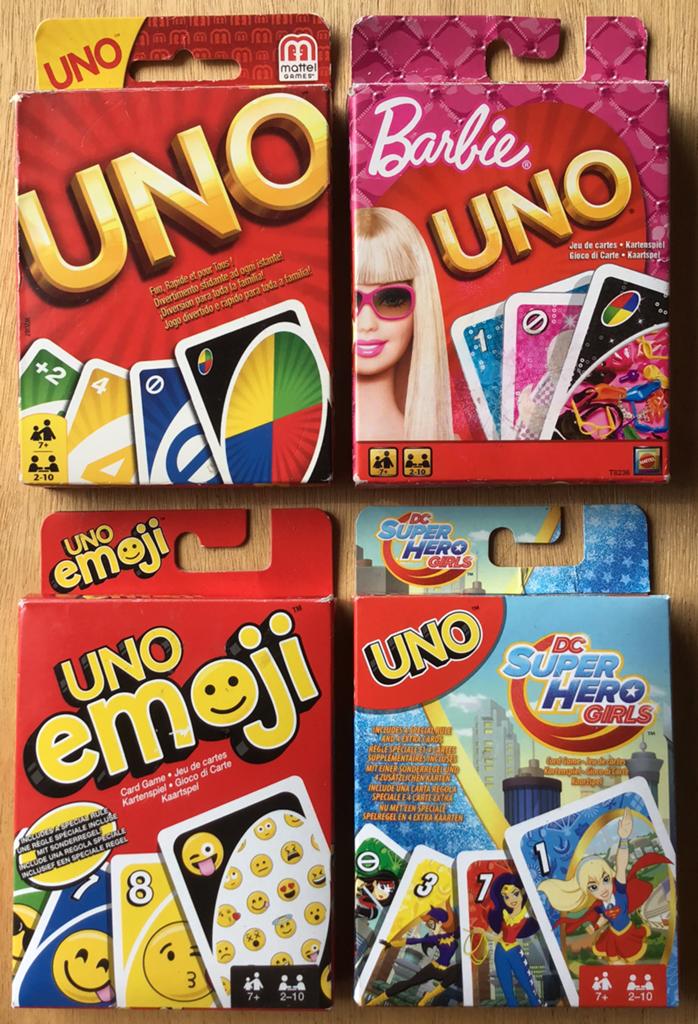 UNO, UNO Barbie, UNO emoji & UNO DC Super Hero Girls - ZGAN, Hobby en Vrije tijd, Vijf spelers of meer, Ophalen of Verzenden, Zo goed als nieuw