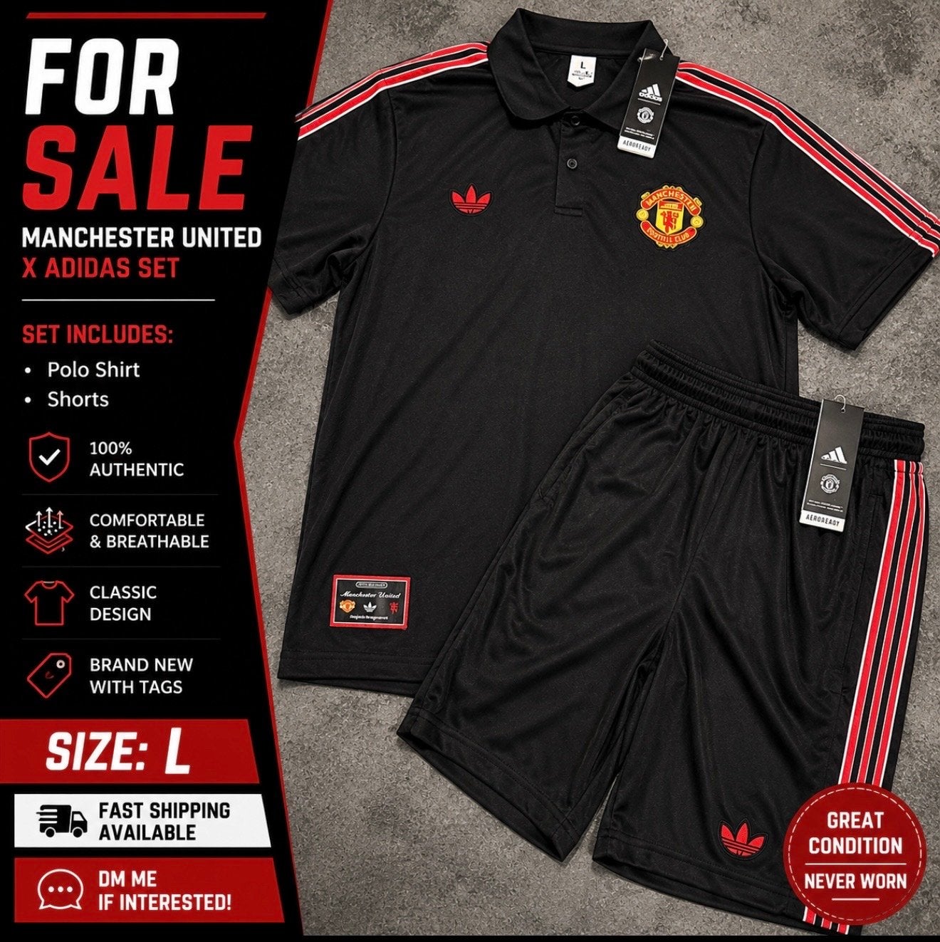 Manchester United x Adidas trainingsset - Polo & Short, Maat 52/54 (L), Zwart, Nieuw, Ophalen of Verzenden