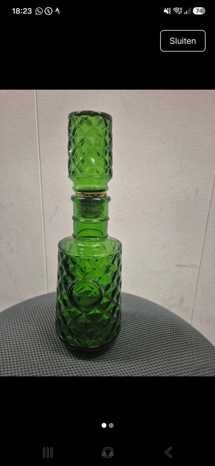 Vintage Groene Glazen Fles met Diamantpatroon, Antiek en Kunst, Ophalen of Verzenden