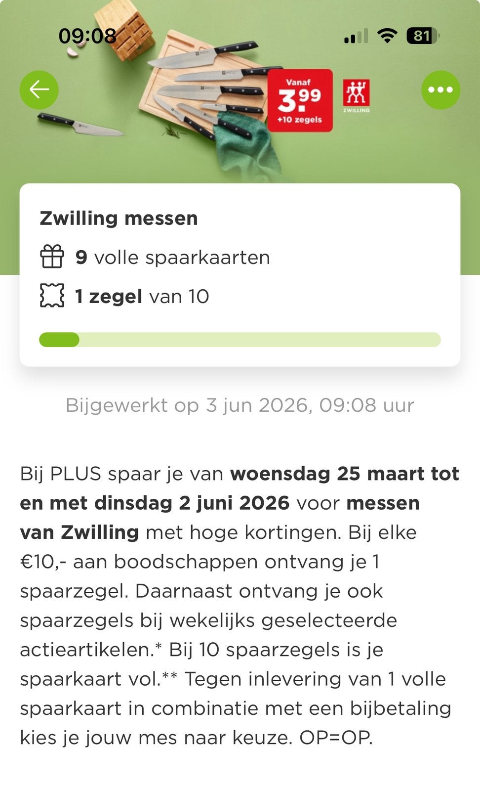 Zwilling messen Plus 9 volle spaarkaarten/zegels, Plus, Ophalen of Verzenden