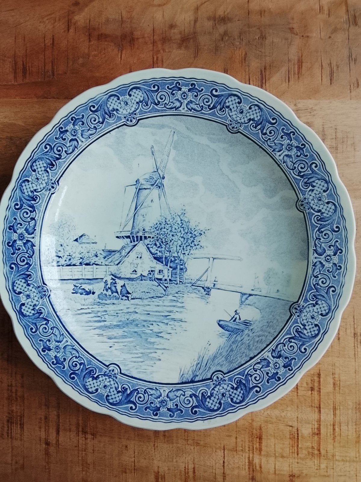 Boch Delfts Blauw Wandbord met Molen en Hollands Landschap, Ophalen of Verzenden