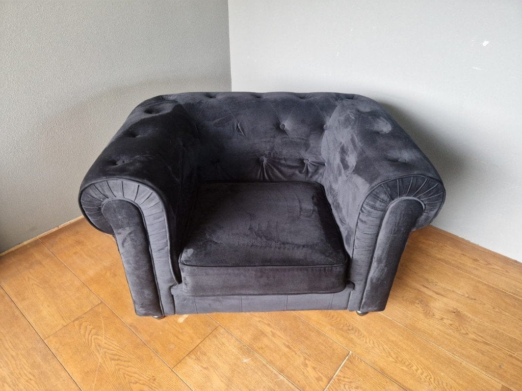 Fauteuil CHESTERFIELD Fluweel Zwart, Ophalen, Nieuw, 75 tot 100 cm, Stof