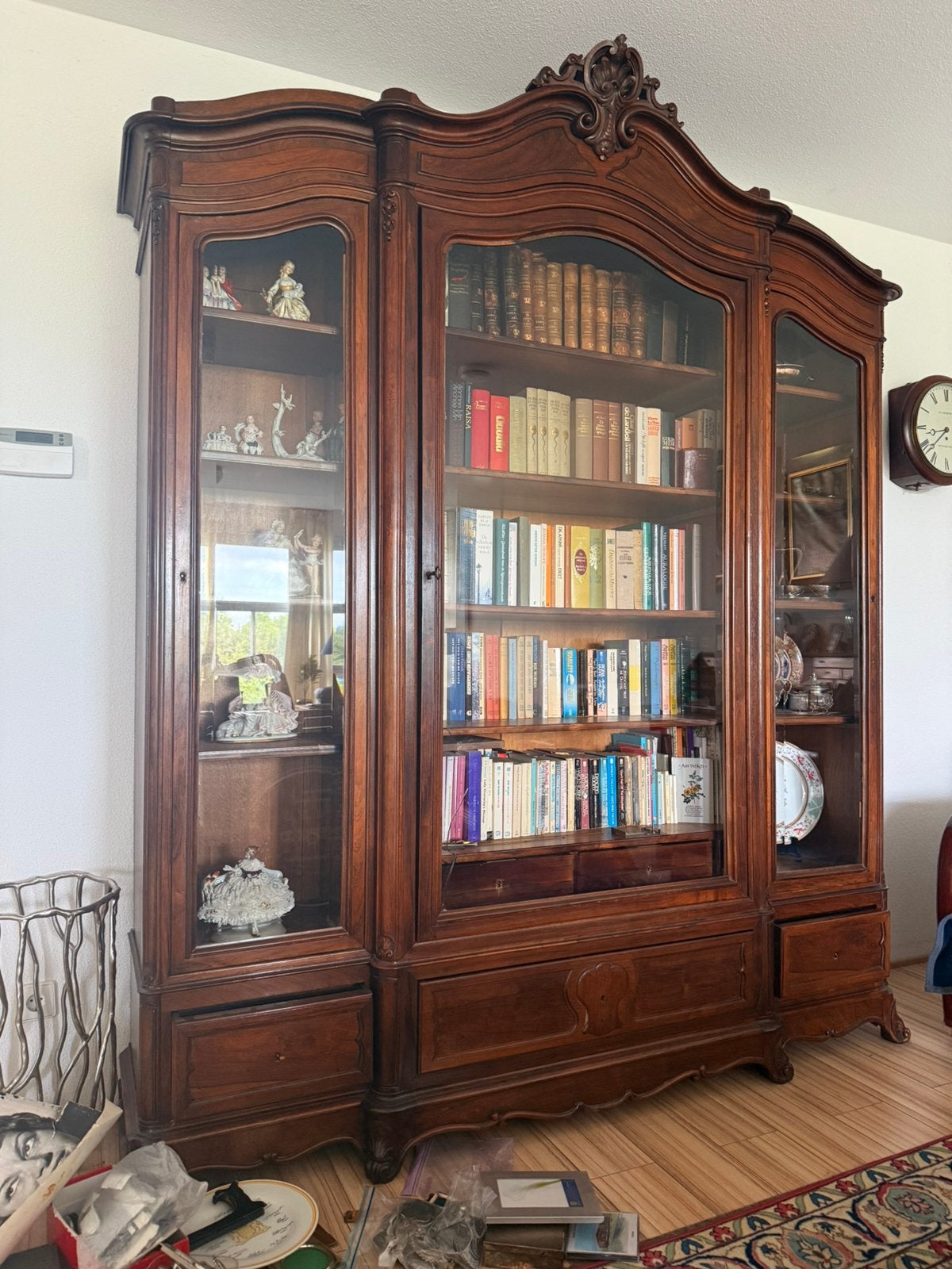 Antieke Vitrine Bibliotheekkast Louis XV Stijl Rijk 3 delig, Ophalen, Gebruikt, Met deur(en), 200 cm of meer
